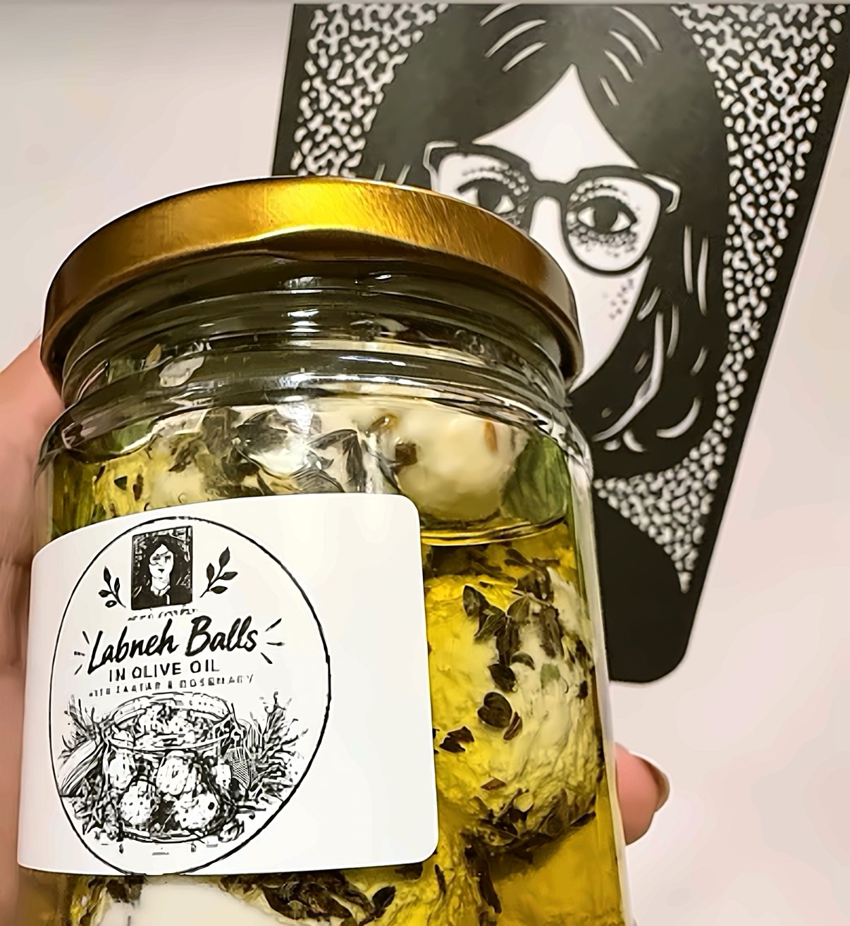 A jar of Mai Cooks labneh balls in olive oil with zaatar and rosemary, held in front of the Mai Cooks bag